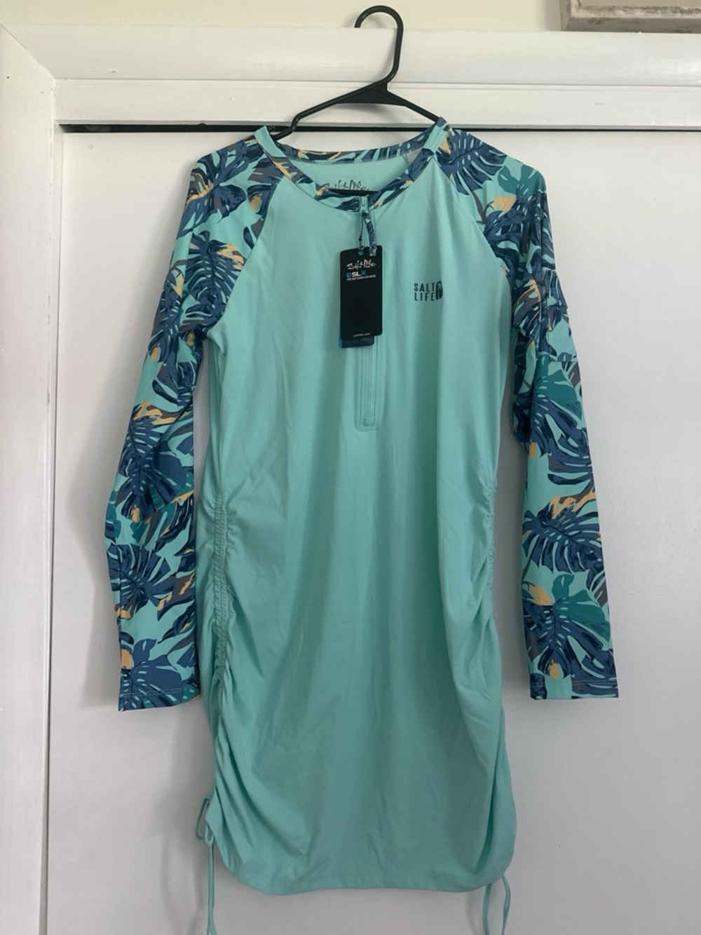 Salt Life Aqua Rash Guard Dress with Tropical Blue Sleeve Print